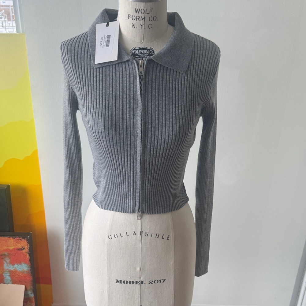 Gray Ribbed Zip-Up Sweater